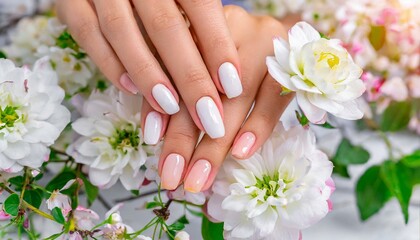 Fototapeta premium Springtime Elegance: Beautiful Floral Nail Design on Feminine Hands