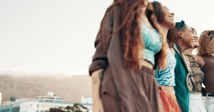Women, friends and gen z group in city, happy and hug with diversity, conversation or walking together. People, girl and travel with embrace, bonding or excited for holiday on metro road in Cape Town
