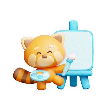 3D cute red panda painting on canvas, Cartoon animal character, 3D rendering.