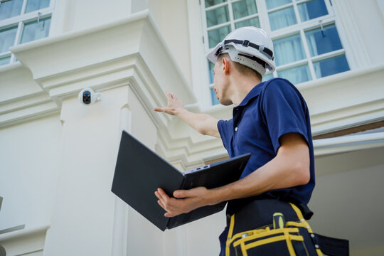 A technician sets up a CCTV camera on the facade of a residential building.
