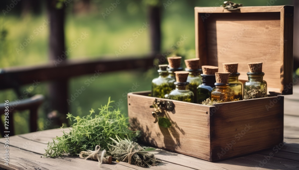 Poster A wooden box with jars and herbs on a table