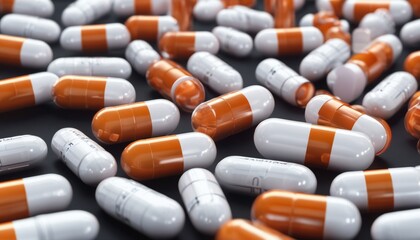 A pile of orange and white pills