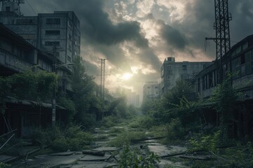 A fiery sunset looms over the ruins of an abandoned industrial factory, where nature slowly encroaches upon man-made structures. Resplendent.