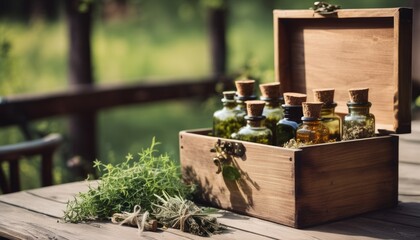 A wooden box with jars and herbs on a table