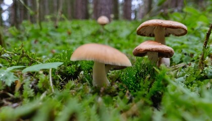 Three mushrooms growing in the grass