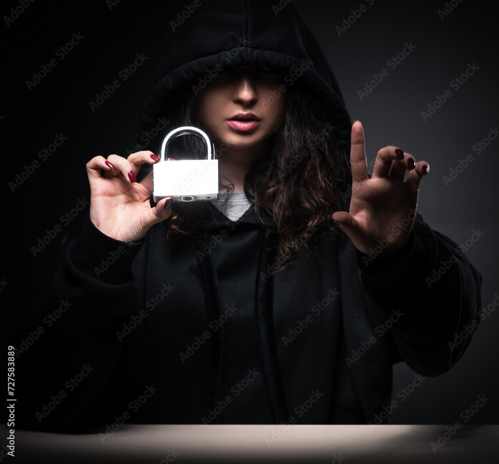 Poster female hacker hacking security firewall late in office