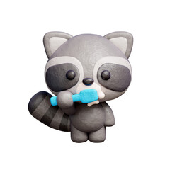 3D cute raccoon brushing teeth, Cartoon animal character, 3D rendering.