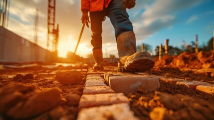 Fototapeta premium Builder laying bricks at job site