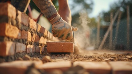 Builder laying bricks at job site