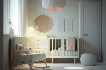 Minimalist nursery with a crib, changing table, and soft lighting. Pastel colors and simple decor...