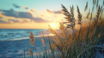 Casual holiday. Sunset at the seaside in a landscape outdoor scene with grass. The wind blows cool. beautiful summer beach