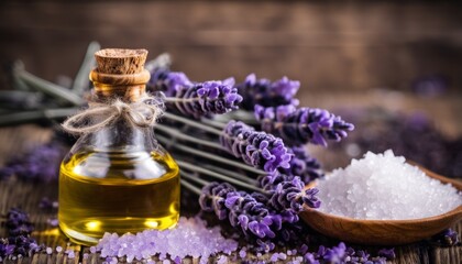 Obraz na płótnie Canvas A bottle of lavender oil with a wooden bowl of salt