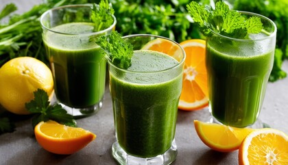 Fototapeta premium Three glasses of green juice with oranges and lemons