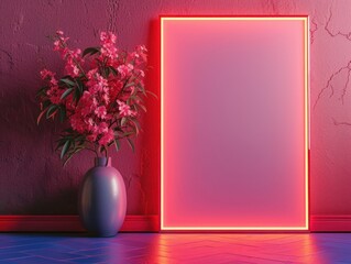 Mock up neon light frame in minimalist home decoration with blossom vase. Template blank neon picture frame. Ai Generated