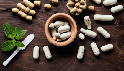 A wooden table with pills and a bowl of nuts