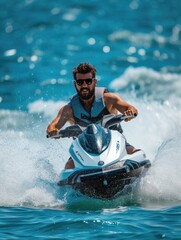 Fototapeta na wymiar Excited man in life vest jet skiing on a sunny day