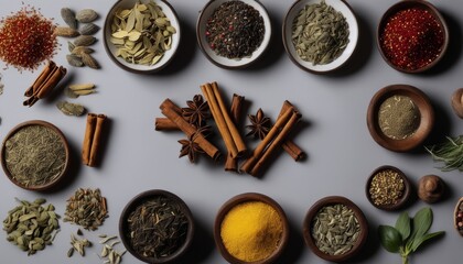 A variety of spices and herbs on a table