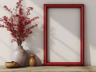 Empty Red Maroon Photo Frame with Minimalist Interior Decoration. Simple and elegant glass flower vase