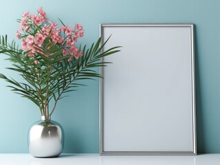 silver picture frame mockup with flower vase 