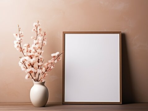 Empty Bronze Picture Frame Mockup In Minimalist Interior With Flower Vase