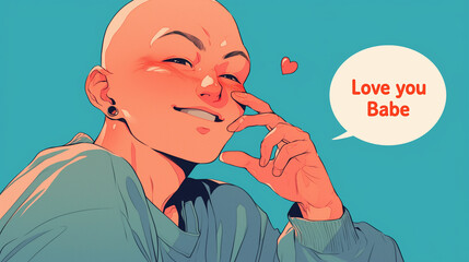 Bald, Love you Babe, bald guy, Anime, Valentine's Day, bald guy says love, love bald guy, love bald lady, Chemotherapy, Cancer, bald love, Speech bubble anime