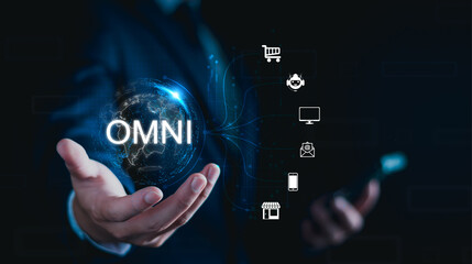 Omnichannel marketing business strategy concept. Digital online marketing and customer engagement by integrated channels. Global linked transfer communication lines. Omnichannel online retail business
