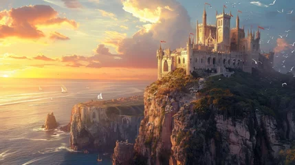 Fotobehang A medieval castle on a cliff overlooking the ocean, with knights and dragons. Medieval castle, cliffside setting, ocean view, knights, dragons, epic fantasy. Resplendent. © Summit Art Creations