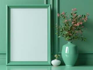 Empty Green Photo Frame with Minimalist Interior Decoration. Simple and elegant glass flower vase