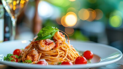 Italian style seafood spaghetti with meat, fish, shrimp, seafood pasta made from spaghetti with seafood including cherry tomatoes on a white plate with a glass of wine.