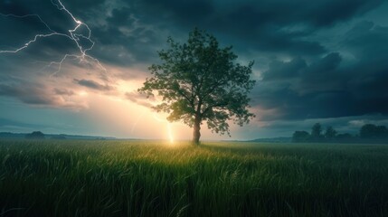 Lightning strikes a tree in the middle of the meadow in the rainy season. It has a beautiful light.