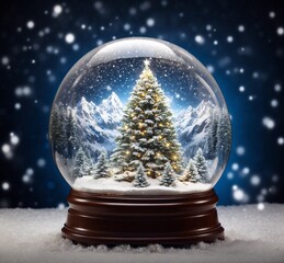 Snow globe with christmas tree and snowfall. Christmas background.