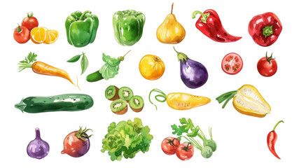 Fototapeta premium Watercolor painted hand-drawn collection vegetables and fruits. design elements: greenery, leaves, corn, wheat, tomato, potato, leaves, stalks, Broccoli, carrot, pepper, garlic transparent background