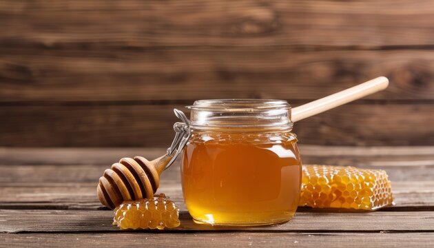 A jar of honey with a wooden spoon in it