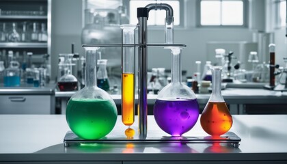 A chemistry lab with beakers and a faucet