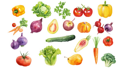 Watercolor painted hand-drawn collection vegetables and fruits. design elements: greenery, leaves, corn, wheat, tomato, potato, leaves, stalks, Broccoli, carrot, pepper, garlic transparent background