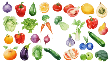 Watercolor painted hand-drawn collection vegetables and fruits. design elements: greenery, leaves, corn, wheat, tomato, potato, leaves, stalks, Broccoli, carrot, pepper, garlic transparent background