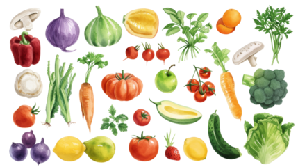 Watercolor painted hand-drawn collection vegetables and fruits. design elements: greenery, leaves, corn, wheat, tomato, potato, leaves, stalks, Broccoli, carrot, pepper, garlic transparent background