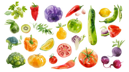 Watercolor painted hand-drawn collection vegetables and fruits. design elements: greenery, leaves, corn, wheat, tomato, potato, leaves, stalks, Broccoli, carrot, pepper, garlic transparent background