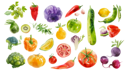 Watercolor painted hand-drawn collection vegetables and fruits. design elements: greenery, leaves, corn, wheat, tomato, potato, leaves, stalks, Broccoli, carrot, pepper, garlic transparent background