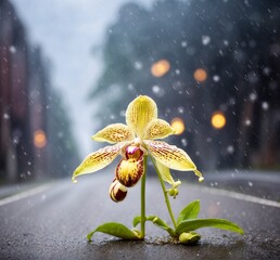 Beautiful orchid flower in the rain on the road. Nature background.