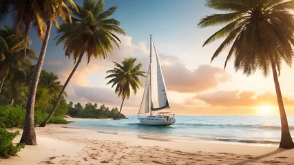 Deurstickers White sailboat and coconut trees with a view of a sandy tropical beach in the afternoon with a sunset sky. No people. AI Generative. Holiday concept. © Rizky Rahmat Hidayat