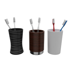 Toothbrush in glass container on white background.
