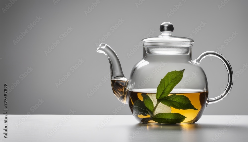 Wall mural A clear glass teapot with a leaf in it