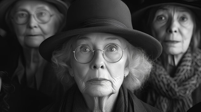 Older women - stern expression - close-up shot - black and white photo - funeral - sad - melancholy - lonely - tired 