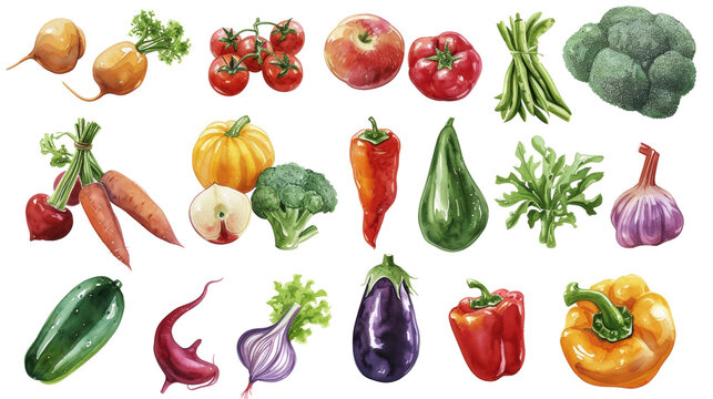 Watercolor painted hand-drawn collection vegetables and fruits. design elements: greenery, leaves, corn, wheat, tomato, potato, leaves, stalks, Broccoli, carrot, pepper, garlic transparent background