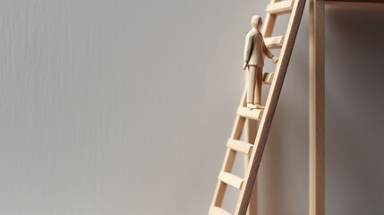 Wooden figure climbs a ladder, a testament to determination. Striving for success, it embodies resilience, symbolizing the climb towards achievement with unwavering perseverance. Business concept - obrazy, fototapety, plakaty