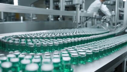 A machine on an assembly line making green bottles