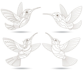 A set of contour illustrations in a stained glass style with Hummingbird birds, dark outlines isolated on a white background