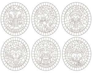 A set of contour illustrations in the style of stained glass with cute animals, dark contours on a white background