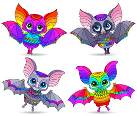 A set of illustrations in the style of stained glass with cartoon bats, animals isolated on a white background